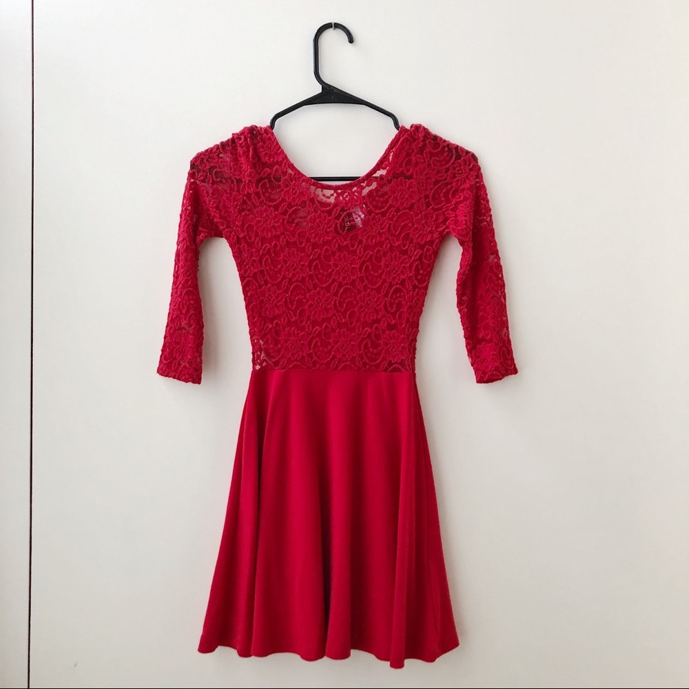 H&M Divided Red Lace Back & Sleeves Mini Dress
